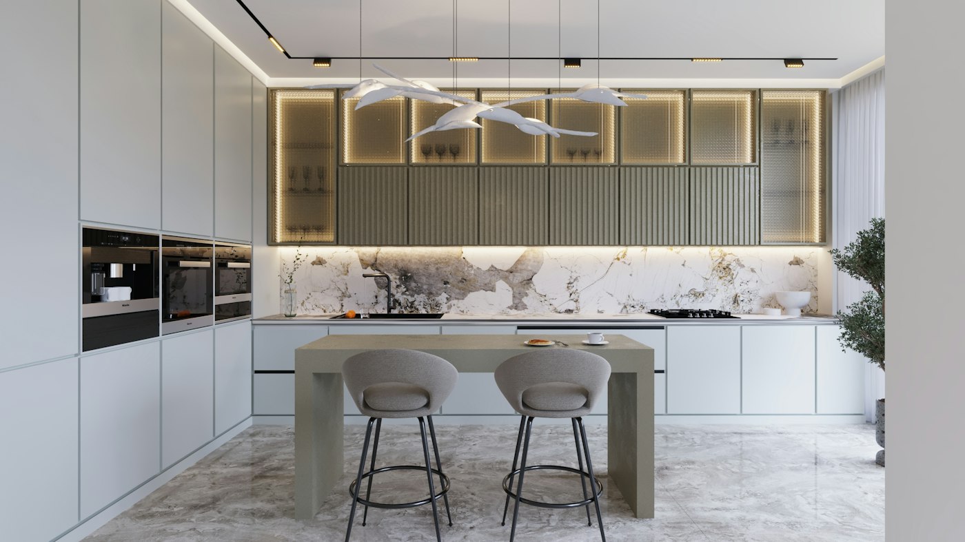Cucina su misura con isola in marmo